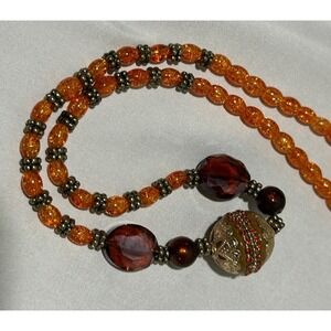 Boho Orange Glass Beaded Necklace‎ Red Faceted Beads and Gold Filigree